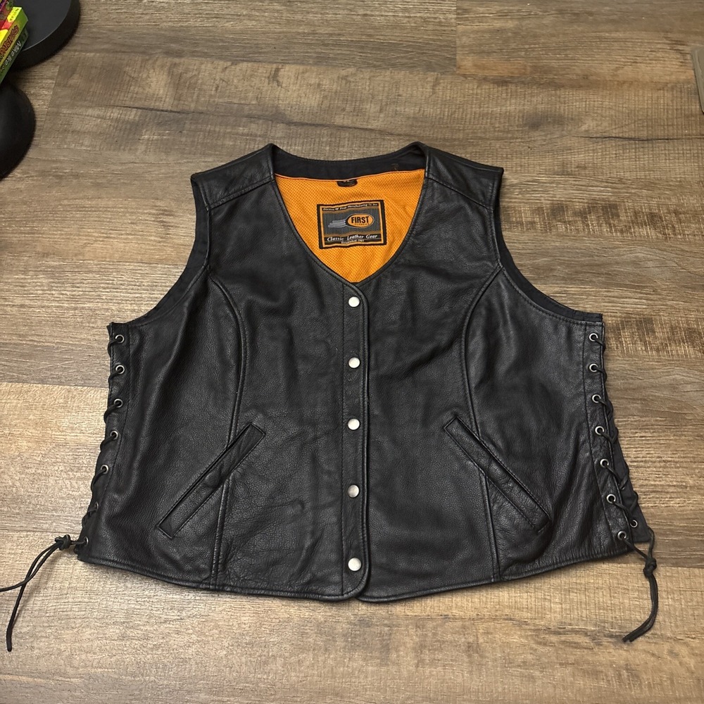 Leather Motorcycle Vest First Classics Gear  Strings Tie Riding Vest Black 4x